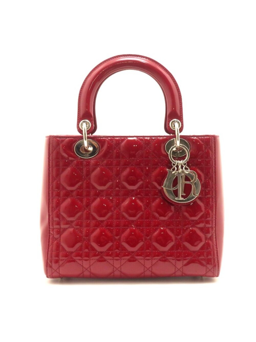 Dior Cannage Lady Dior Handbag Medium Red S Patent Leather Silver